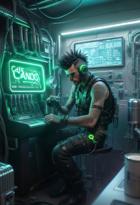 A cyberpunk male biker rides a glowing green photo, ultra-realistic futurism, fantastic photo of a punk coffee machine. A tangled system of pipes and taps, cables, analog measuring instruments. Psychadelic Chaos. Futurism Style