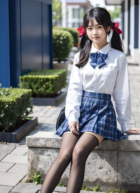 best quality, 1girl, solo, long hair, looking at viewer, skirt, shirt, black hair, long sleeves, bow, twintails, sitting, school uniform, full body, white shirt, pantyhose, pleated skirt, shoes, collared shirt, bowtie, bag, black footwear, blurry, blue skirt, plaid, black pantyhose, blurry background, blue bow, plaid skirt, backpack, blue bowtie <lora:jk_v2:0.7>