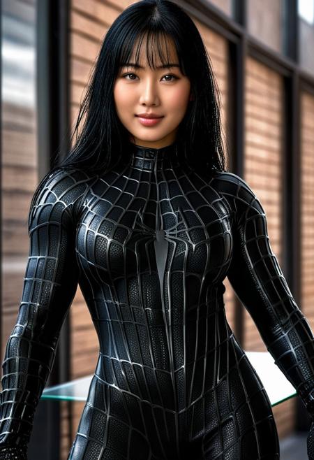 score_9, score_8_up, score_7_up, best quality, realistic, masterpiece, beautiful detail, hyperrealistic, cafe, ((1girl, woman body, huge breasts)), amazing detailed full body portrait of a beautiful japanese girl, wearing a realistic and highly detailed black raimi spider-man suit, ((huge muscular girl)), professional model wears ultra - detailed and grained black raimi spider - man suit, suit covered entire body and hand, black spiderman gloves, wet, (full body), (elegant pose), sweet smile, black hair, octane render, highly detailed, volumetric, dramatic lighting, (highest quality:1.1), (HDR:1.3), (top quality, best quality), realistic, high definition, Expressionism - sharp focus, professional photography, masterpiece, ultra detailed photograph, high quality, 8k,