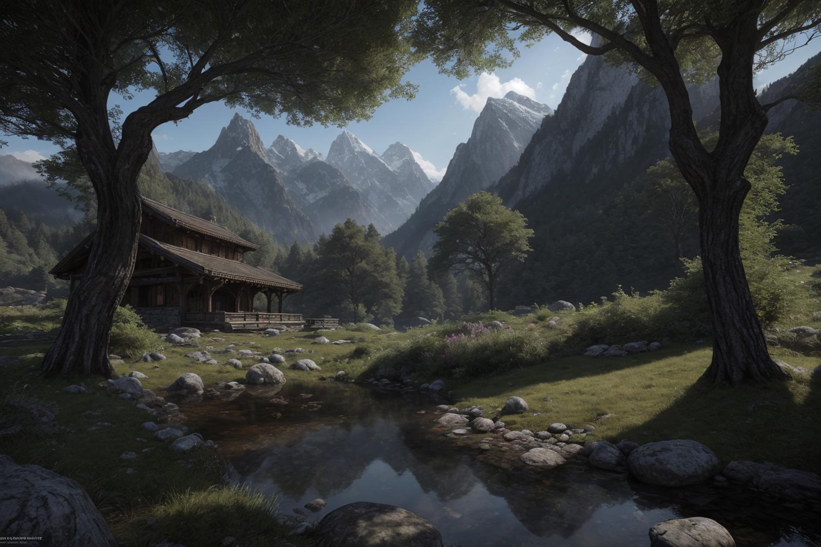 A picturesque scene of a cabin nestled between mountains and a stream.