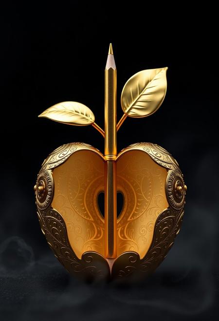 symmetrical front view of a half golden metal ornamented  apple with a gold pen in the middle, it's like a magical object,  the tip of the pencil is located at the top, dark background, mist, photography studio style, hyper realistic, ultra detailed