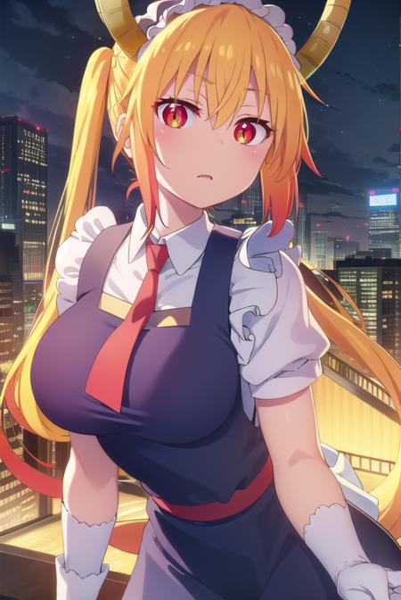 dragontohru, <lora:dragon tohru s2-lora-nochekaiser:1>, 
tohru, tohru \(maidragon\), long hair, bangs, blonde hair, hair between eyes, twintails, very long hair, multicolored hair, horns, fang, gradient hair, dragon horns, (red eyes:1.3), (slit pupils:1.5),
BREAK gloves, dress, tail, short sleeves, necktie, white gloves, maid, maid headdress, dragon girl, dragon tail, scales, large tail,
BREAK outdoors, sun, sky, clouds, city,
BREAK looking at viewer, (cowboy shot:1.5),
BREAK <lyco:GoodHands-beta2:1>, (masterpiece:1.2), best quality, high resolution, unity 8k wallpaper, (illustration:0.8), (beautiful detailed eyes:1.6), extremely detailed face, perfect lighting, extremely detailed CG, (perfect hands, perfect anatomy),