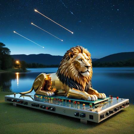 Transistors style, A Lion by an lake, a majestic lion resting, at night, stary sky,