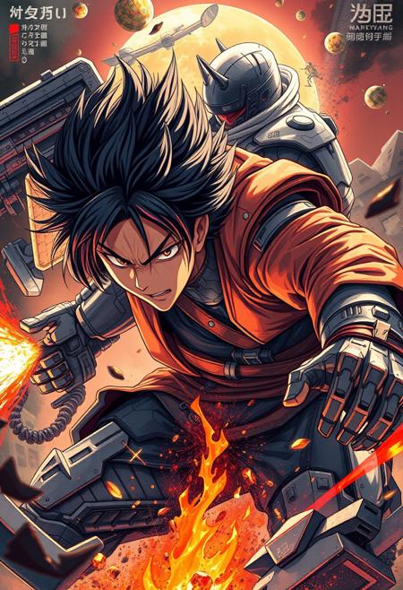 cinematic anime realism, dynamic expressive linework, dramatic painterly lighting, vivid sci-fi and fantasy aesthetics, soft organic brushwork, bold heroic composition, richly textured details, action-packed scene