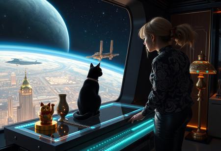 A sleek black cat with red collar sits on a cluttered metal riveted desk with transparent top and micro-LED lighted computer components visible inside, On the desk is a gold and lacquer maneki neko statue and an art deco glass and metal lamp, the Black Cat is looking out of a seamless and futuristic floor to ceiling window that looks out at a planet from low orbit, the planet is covered with the lights of enormous buildings and cities, (((a beautiful woman, 24 years old, is standing next to the desk the cat is sitting on and looking longingly out the window, the woman is dressed in an ornate Japanese style shirt and elegant leather pants with an ornate design. An enormous deco starship with futuristic lighting and an enormous space station are visible in the background among the stars, The woman's hair is messy from just waking up and tied up with a ribbon.  Artistic art deco, dynamic perspective, (((overall architectural aesthetic is Art Deco Cyberpunk))).  Epic image that elicits a feeling of wonder and awe,