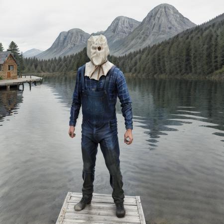 photo of j2ys, full body, standing, lake in the background, cottage, stunning environment, very detailed, photorealistic, <lora:voorhees-10:0.9>