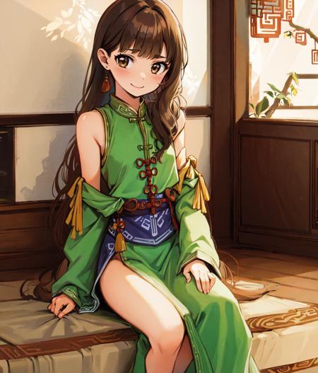 masterpiece, high res, detailed face, detailed eyes, 1girl, solo, small breasts, brown hair, long hair, brown eyes, green dress, chinese clothes, exposed shoulders, combing hair, smiling, bedroom, full body, cowboy shot, indoors, chinese room <lora:Lymsleia:1>