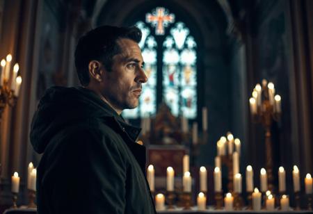 professional photo, side view photo of Caucasian man in front of an altar covered with candles, wearing a dark green parka, serious face, dark features, dramatic lighting, in a dim cathedral interior, lit by candles
