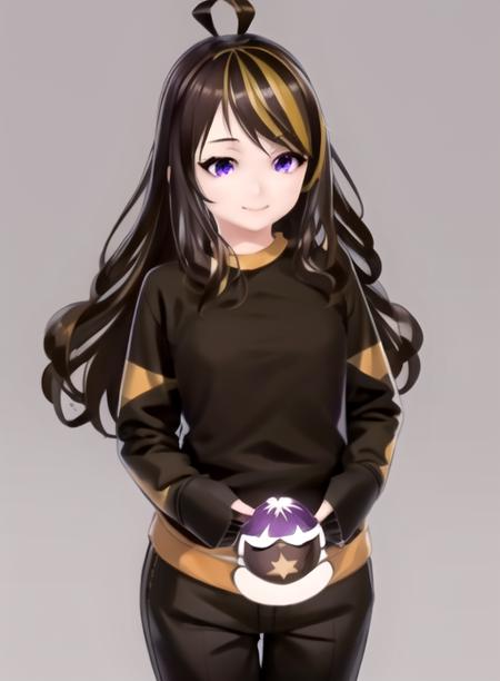 best quality, (masterpiece),(ultra-detailed), (high quality), (high resolution), <lora:kiarafey-10:0.7>,1girl, ahoge, black background, blonde hair, brown hair, closed mouth, kiarafey, long hair, multicolored hair, purple eyes, simple background, smile, solo, streaked hair, sweater,pants