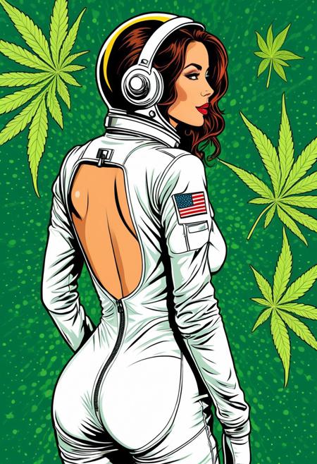 astronaut, sexy woman, open back suit zipped down showing skin, pop art, face looking back pose, side face profile, delicately cute, seductive expression, extremely detailed, cult comic graphic illustration, cannabis culture, cannabis cult leader astronaut
