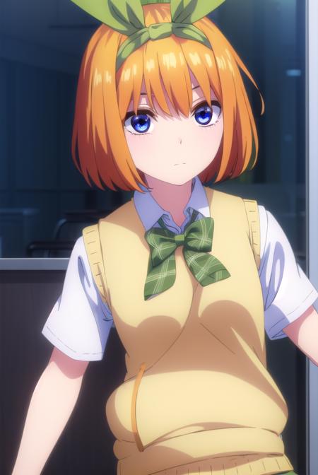 yotsubanakano, <lora:yotsubanakanospecial-lora-nochekaiser:1>, 
yotsuba nakano, bangs, short hair, blue eyes, hair between eyes, hair ribbon, hairband, orange hair, (green ribbon:1.5),
BREAK skirt, shirt, bow, ribbon, school uniform, white shirt, short sleeves, pleated skirt, shoes, socks, collared shirt, miniskirt, bowtie, black footwear, kneehighs, green skirt, black socks, loafers, green bow, sweater vest, green ribbon, (yellow sweater vest:1.5),
BREAK indoors, classroom,
BREAK looking at viewer, (cowboy shot:1.5),
BREAK <lyco:GoodHands-beta2:1>, (masterpiece:1.2), best quality, high resolution, unity 8k wallpaper, (illustration:0.8), (beautiful detailed eyes:1.6), extremely detailed face, perfect lighting, extremely detailed CG, (perfect hands, perfect anatomy),