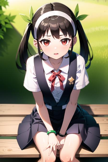 1girl, solo, female, (mayoi_hachikuji), twintails, (red_eyes), flat_chest
white_hairband, bracelet, green, ribbon, school_uniform, skirt, white_shirt, suspender_skirt, (randoseru), sitting on a bench,
hdri, 4k, masterpiece,
day, spring, trees, looking at viewer <lora:hachikuji-v1-3epoch-pruned:0.7>