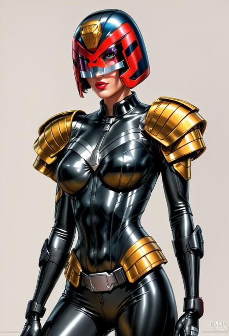 Belle dressed as Judge Dredd, jdgdrddcom, in armor and uniform wearing a helmet, powered futuristic outfit, sexy pose, style of stanley artgerm, artgerm style, white background, simple background