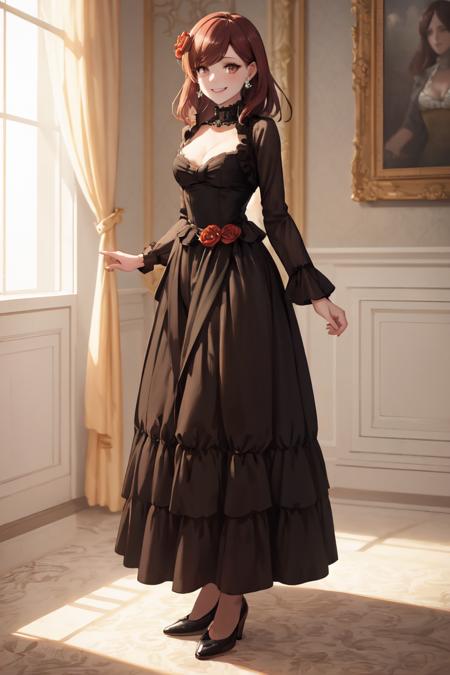 masterpiece, best quality, absurdres, perfect anatomy, 1girl, solo, MaryHunt, medium hair, hair flower, earrings, elegant, long dress, black dress, halterneck, smile, indoors, palace, jewelry, standing, <lora:MaryHunt:1>