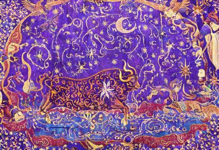 Primitivism, Cosmic Bull, Persian rug, lapis lazuli blue, pointillism, extremely pointillistic, Eliah and Khezr searching for the water of life in the land of darkness, purple halo, land of darkness, malachite stone structures, Haft Paykar, ruby red, crimson red, recurrence, cyclic universe, cyclical, aureolin, sharp colors, bright, splendid, mesmerizing art, ths_tapestry, masterpiece, ths_tapestry, Amanda Sage style, pureerosface_v1, FixedStars, AH_Signac