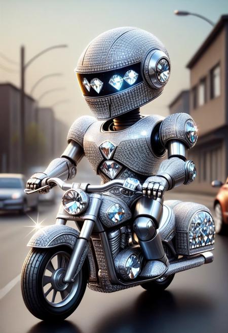 (photorealistic), diamondMW, countless diamonds, robot, riding motorcycle, road, helmet
