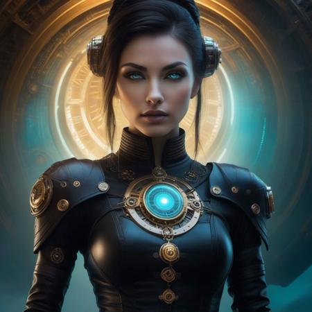 Mid body Woman with fine high tech skin details, detailed face, sf, steampunk small,intricate artwork masterpiece, white and black pastel ratio, background is the earth planet on golden hour with cyan light, fog ambiance, ominous, matte painting movie poster, by Anne Stokes and Phil Koch