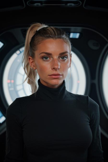 Proffesional up close portrait photograph of <lora:[AG]_-_Sol_Perez:1> mt-solperez as a spaceship officer, standing inside a starship, space sip, she's wearing a grey military uniform with black details, hair tied up in a ponytail, serious look, sci-fi setting, blonde hair, fit body, tall, she's posing like it's Instagram <lora:picxer_realdetailer:1>