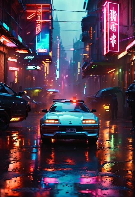 (ultra high res:1.4), (masterpiece), (beautiful lighting:1.4) ,ultra-detailed cyberpunk street scene, (neon reflections on wet pavement:1.3), holographic advertisements, floating vehicles, dense urban architecture, inspired by Blade Runner and Ghost in the Shell, art by John Harris and Syd Mead, volumetric lighting, night setting, steam rising, realistic crowd simulation, cinematic composition, lightning,  depth, GhostlyStyle