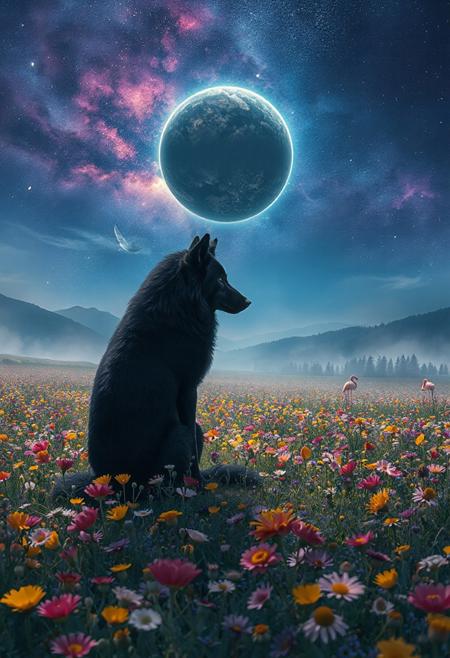 Positive Prompt:
masterpiece, best quality, ultra-detailed, cinematic, ethereal atmosphere, fantasy landscape, lone black wolf sitting in a colorful field of wildflowers at night, vibrant but soft flower meadow, vast open landscape, dreamy lighting, soft mist, glowing dark planet in a deep indigo and purple cosmic sky, swirling nebula clouds, stars scattered across the sky, majestic distant mountain, dark pine forest on the horizon, magical and mysterious mood, highly detailed, vibrant yet muted color tones, wide angle view, soft fantasy style, gentle illumination. 
Negative Prompt:
flamingo, bird, daytime, bright sunlight, cartoon, anime style, lowres, bad anatomy, blurry, overexposed, ugly, bad hands, bad paws, poor composition, extra limbs, low quality, grainy, saturated colors, text, watermark
