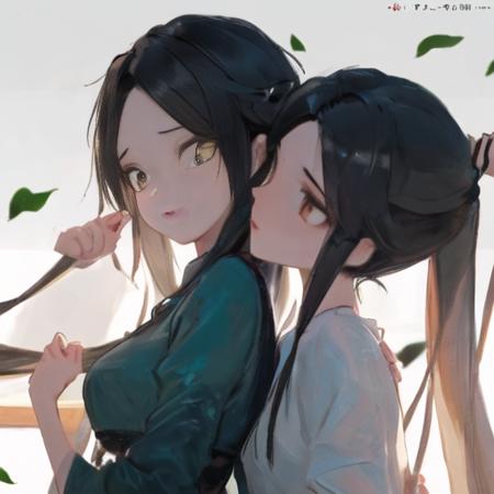 <lora:xiaobai.v02:0.55> ,<lora:xiaoqing.v01:0.9>,(2girl embrace:1.4),(Long hair fluttering),((best quality)), ((masterpiece)), ((ultra-detailed)), (illustration), (detailed light), (an extremely delicate and beautiful), (beautiful detailed eyes), (((Vertical pupil))), shiny hair, colorful painting, {{masterpiece}}, best quality, Amazing, {beautiful detailed eyes},(white green cloth),(best illustration), (best shadow), finely detail, Depth of field (bloom), (painting),{ very delicate light},beautiful detailed dress,Flying green petals,Holy lighting,soft focus, character focus,disheveled hair,long bangs,