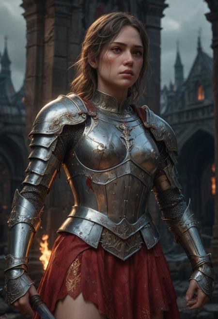 High resolution ultra-realistic of Beautiful Warrior Joan of Arc, 8k, capturing the intensity of the moment, cinematic lighting, standing on a bloody and stormy battlefield in bloody battle, wavy black hair, realistic dirty pale face, realistic brown eyes,  beautiful hourglass figure, burning in a medieval Town, intricately designed iron and silver armor, red mini skirt, Dark Ages Aesthetic, perfect athletic figure, beautiful Warrior Joan of Arc, fire, ultra realistic, cinematic style, vigorous and seductive, athletic figure, dark fantasy, dramatic lighting, wet and sweaty skin, dirty skin, athletic figure, dark fantasy, dramatic lighting, Greg Rutkowski style,, Warrior Joan of Arc on in iron armor, hyper-detailed, hyper-realistic, bright colours, Attractive 21 old years girl, Attractive, beautiful firm Breasts, sharp focus, digital painting, Photograph Taken on Nikon D750, Alphonse Mucha, 8K, athletic figure, Hyperdetailed, hyperrealism, Attractive, Attractive bust girl, asymmetric balance