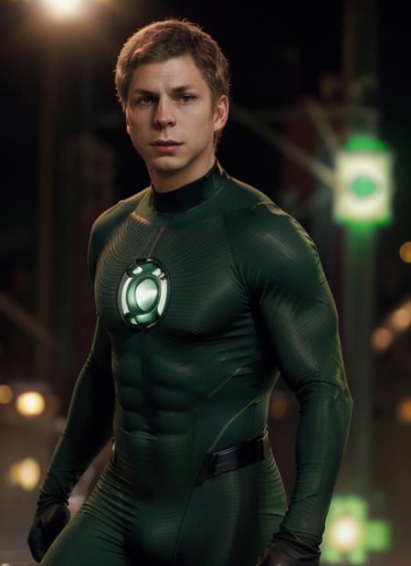 mc1, man, one man, man as Green Lantern: Green Bodysuit with Lantern Symbol, photorealistic painting,  portrait, stunningly attractive(extremely detailed 8k wallpaper), highly detailed face, intricate, 8k, highly detailed, volumetric lighting, digital painting, intense, sharp focus, art by artgerm and rutkowski and alphonse mucha, cgsociety,  vibrant, dynamic atmosphere, photorealistic,
 <lora:MichaelCera:1>