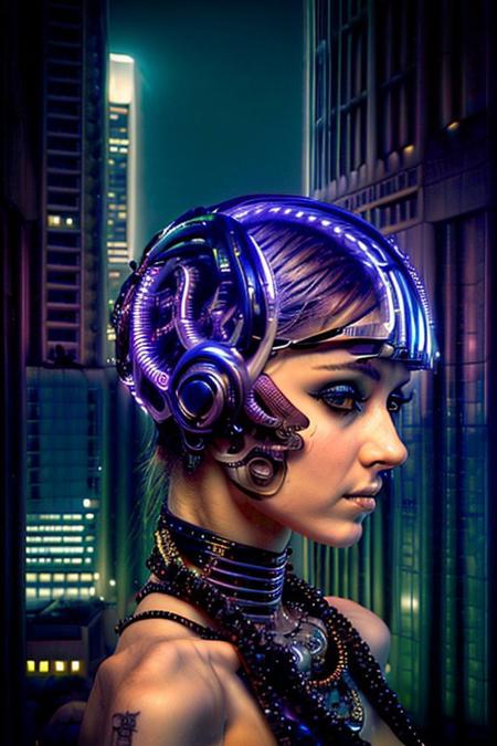 A feminine humanoid AI with expressive eyes gazes at a futuristic city skyline from a high balcony. The city below is alive with glowing vehicles, towering skyscrapers, and interactive billboards. A soft wind moves through her minimalistic attire, face close up,