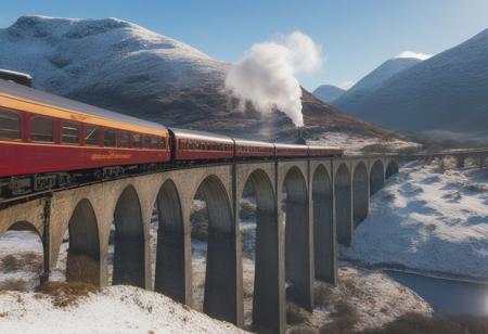 close-up Poudlard Express crossing the Glenfinnan Viaduct in Scotland, background sun halo and snow-capped mountain