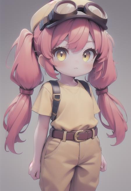 (masterpiece, best quality, hires, high resolution:1.1), (, intricate details, highres) , 1 girl ,yellow shirt, red hair, pigtails, long hair, yellow cap with goggles, brown pants  , arms , chibi , hat ,  bsjessie ,   , Belt  ,  <lora:last:0.8>