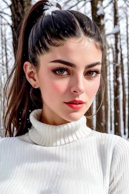 (photo of monicabarbaro-836:0.99), a woman, ((closeup, portrait):1.2), ((outdoors, forest, snow)),(lipstick, eyeliner, eye shadow), (pale skin), ((large breasts, perfect breasts)),slight smile, (ponytail), (turtleneck sweater), ((detailed eyes, detailed face))(masterpiece:1.2)