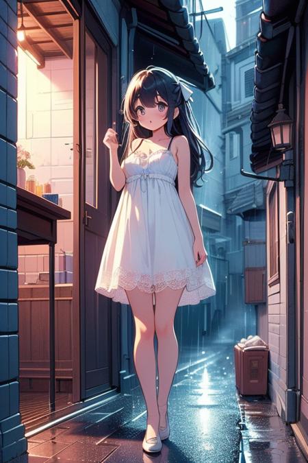 (((masterpiece))),  (((best quality))),  (((full body))),  (((2girl))),  (((side viewer girl standing on night alley at outdoors))),  ((wearing camisole)),  ((looking inside window)),  petite figure proportion,  white tile wall,  surprise,  curious,  ribbon,  big tits,  raining,<lora:EMS-260057-EMS:1.000000>