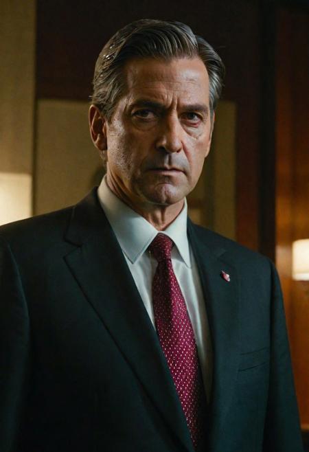 Outstanding quality, masterful depiction, highest caliber, hyper-realistic, ultra-detailed, UHD resolution, depth of character, corrupt politician, standing in a dimly lit, opulent office, night, shadows casting over luxurious yet disheveled surroundings, thick fog of secrecy, glinting eyes like fireflies, skin texture revealing the stress of deceit, on side, enveloping darkness, half his face illuminated, (sinister ambient light:1.2), documents with incriminating evidence scattered, subtle sweat droplets like after rain.