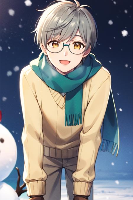 masterpiece, best quality, <lora:tsukishiro_yukito:0.7> scarf, 1boy, male focus, snowman, glasses, sweater, solo, green scarf, smile, open mouth, grey hair, snowing, pants, snow, :d, ribbed sweater, yellow eyes, long sleeves, grey pants, yellow sweater, brown eyes, mittens, leaning forward, blue background