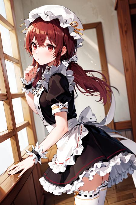 masterpiece, best quality, highres, aakaho, long hair, low twintails, hat, mob cap, white bow, polka dot, maid, frilled dress, black dress, puffy short sleeves, wrist cuffs, maid apron, white apron, frilled thighhighs, <lora:komiya_kaho_v1:0.7>, indoors, from side,