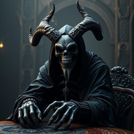 Create a highly detailed, 8K portrait of a grimdark lich Skeletor, full-body with horns, sitting on a table. The image should feature a black cloak, be rendered in a 2018 style, and have a photo quality. Incorporate micro details, follow the golden ratio, and achieve a surrealistic and dramatic atmosphere. The output should be in 4K or 8K, with a full-width, mastodon-inspired design.