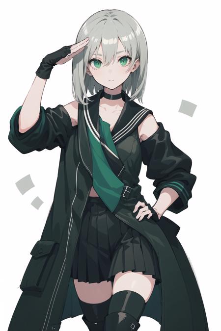 origin,salute, 1girl, solo, skirt, white background, thighhighs, simple background, black skirt, sailor collar, pleated skirt, black gloves, green coat, closed mouth, hair between eyes, black sailor collar, short hair, <lora:JS05-pynoise:1>