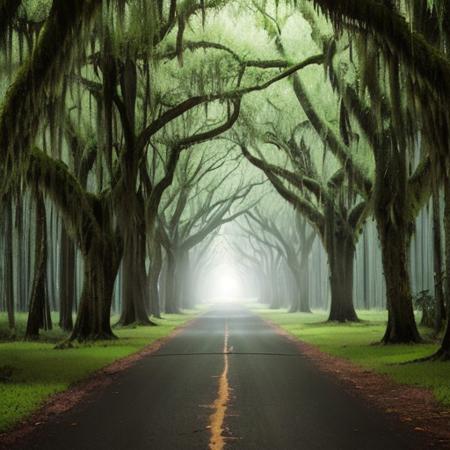 swamp, thick louisiana moss trees, willow, backlight, solarpunk, road, symmetrical