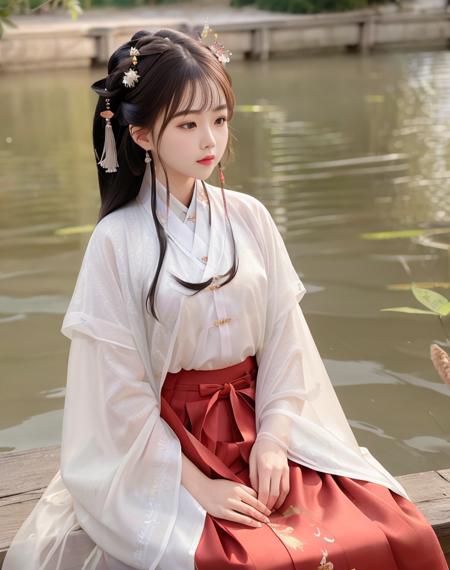 (8k, RAW photo, best quality, masterpiece), (realistic, photo-realistic),ru_qun,best_quality,head,original_outfit,hanfu,clear details,masterpiece, best_quality, clear details,1girl,Chinese park background,sitting,cowboy shot, <lora:hanfu2.1:0.6>, <lora:taiwanDollLikeness_v10:0.2>,(Perfect hand, Jin Dynasty, Jin clothing:1.2),