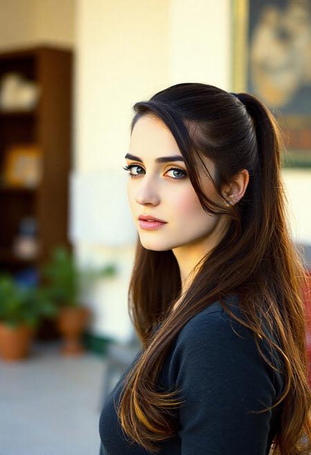 An armenian woman with brunette hair in a long ponytail with golden purple and orange tips,  ,portrait shot from the front, 85mm, velvia. The photo should be extremely detailed, and in RAW photo format. 44d bust, boob focus, 1993, 90s home video, nostalgic 90s photo, taken with kodak disposable camera