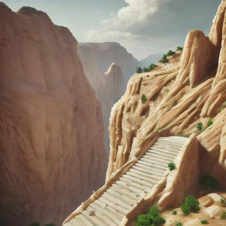 M.A.S.H. Miles into a canyon of shimmering sandstone, the explorer stands at the foot of a monumental staircase. But these steps are not made by hands â each is a fossilized wave, a curve of time hardened into geometry. The stairs spiral skyward for kilometers, vanishing into golden clouds. With every step she climbs, the wind shifts direction, whispering in unknown dialects. Legends say the summit grants the memory of all things lost. The light changes here too, refracting like through stained glass, giving everything a dreamlike hue. As she begins to ascend, sheâs already forgetting where she came from. 
<lora:Anime Art V3_flux:0.6>  <lora:Clean_Minimalist_Flux:0.3>  <lora:Illustration concept Variant 3A_FLUX:0.4>