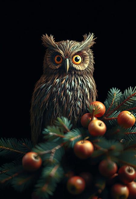 (HD, masterpiece, best quality, ultra detailed), 
(owl:1.1) made out of fir needles, and many apples are begun on the fir tree. fir needles pattern, fir needle style,
no humans, black background, 
depth of field, bokeh, chiaroscuro, cinematic, colorful, realistic, dynamic pose, dynamic angle, masterpiece, intricate details, ultra detailed, 8k, highly detailed, very aesthetic, professional 4k, add-detail-xl <lora:add-detail-xl.safetensors:0.8:0.8>