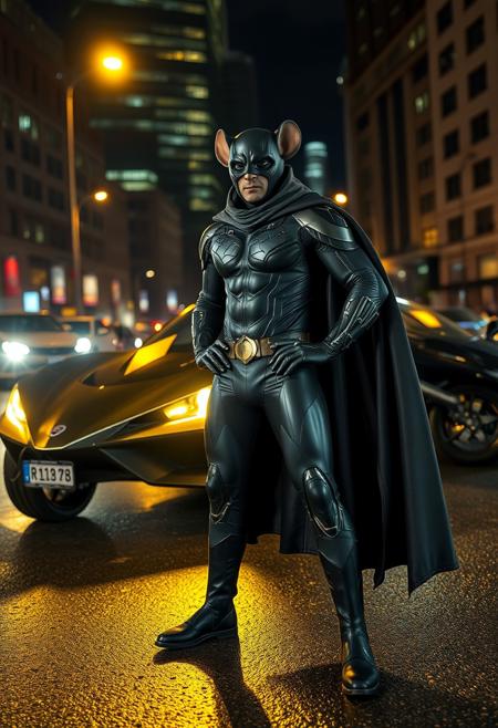 Superhero Ratman, a man wearing a dark gray rubber bulletproof futuristic and cape bodysuit posing next to his awesome futuristic Ratmobile, upper face covered with rat resembling rubber mask, Ratham city in the night, wet asphalt, dramatic light