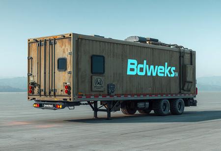 1 vehicle, 
cyberpunk  oversize  industrial trailer.  
Logo label "BDwerks®" written on the side nothing else written.