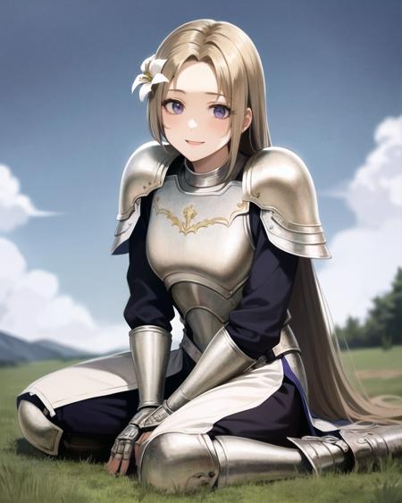 best quality, (masterpiece:1.2), illustration, absurdres,
(1girl, solo), (beautiful detailed girl), full body shot,
<lora:JoanOfArc-06:0.8>, Joan of Arc, blonde hair, long hair, hair ornament, hair flower, medium breasts,
purple undershirt, purple pants, armor, shoulder armor, pauldrons, breastplate, armored boots, pelvic curtain,
smile, looking at viewer,
medieval, medieval farming village, farm, clouds, sky
hands between legs