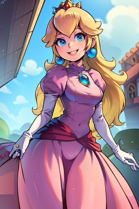 <lora:the_other_half_style:0.8>,((masterpiece,best quality)), absurdres, <lora:Princess_Peach_Nintendo:0.8>, Princess_Peach,  blonde hair, blue eyes, long hair, crown, dress, gem, gloves, pink dress, puffy sleeves, short sleeves, white gloves, solo, smiling, looking at viewer, cowboy shot,  cinematic composition,