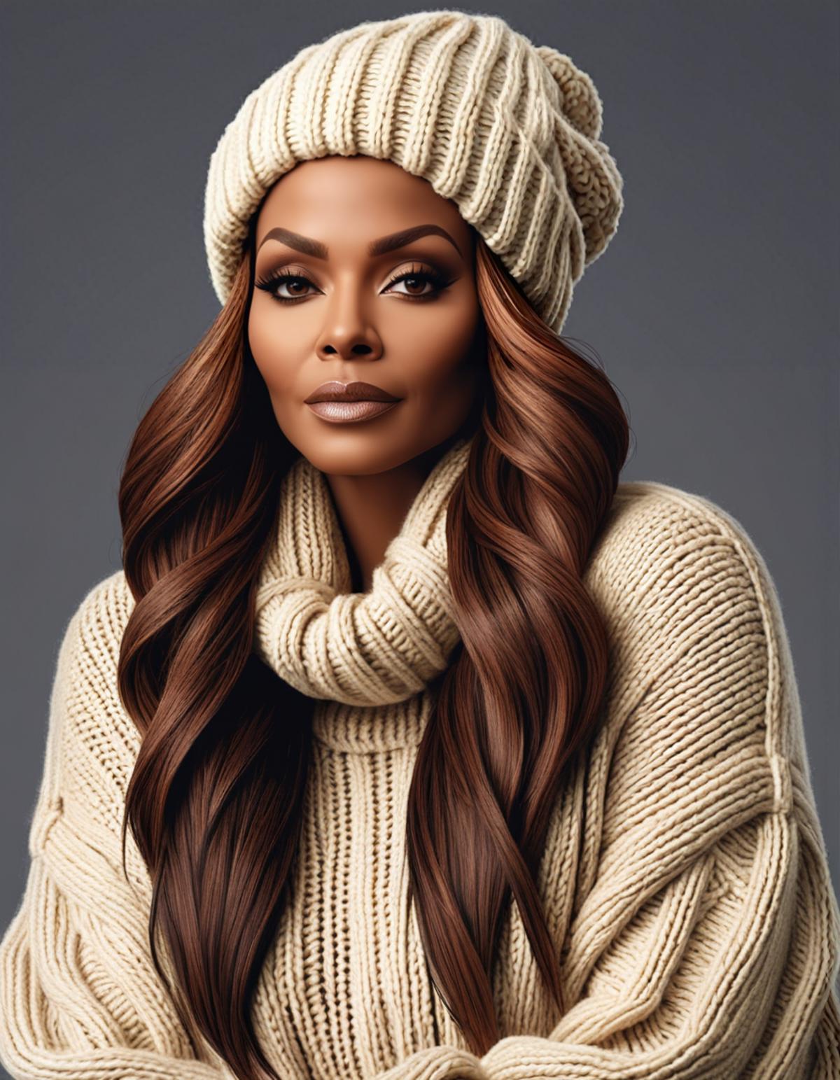 A beautiful woman wearing a white sweater and a knitted cap.