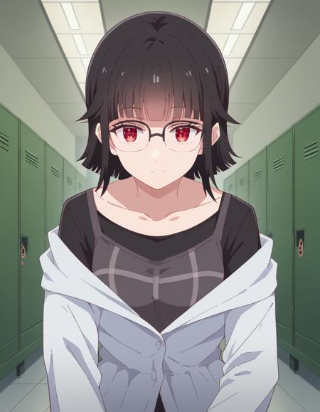 kaho fujinami, short hair, bangs, black hair, red eyes, glasses, blunt bangs, medium breasts, shirt, long sleeves, collarbone, black shirt, camisole,