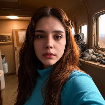 A selfie style photo of the last 25 year old woman from the last day of human kind on earth, extremely detailed, apocalypse, end of times