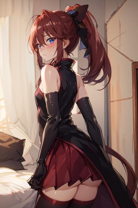 uunlovely, red ponytail, long dress, brooch, hairbow, elbow gloves, black thighhighs